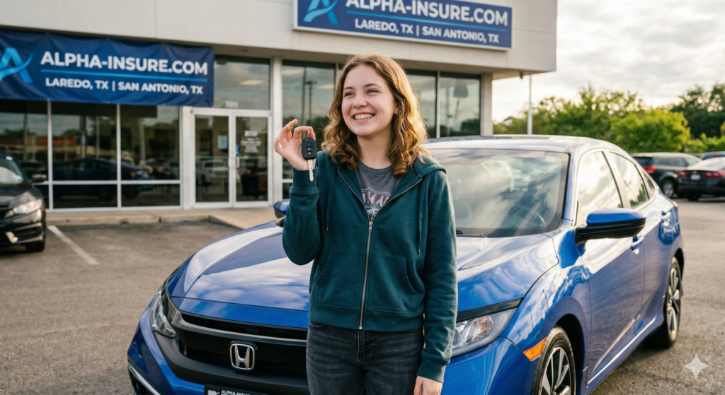 A young driver smiling with new car keys in San Antonio, TX, highlighting the importance of car insurance
