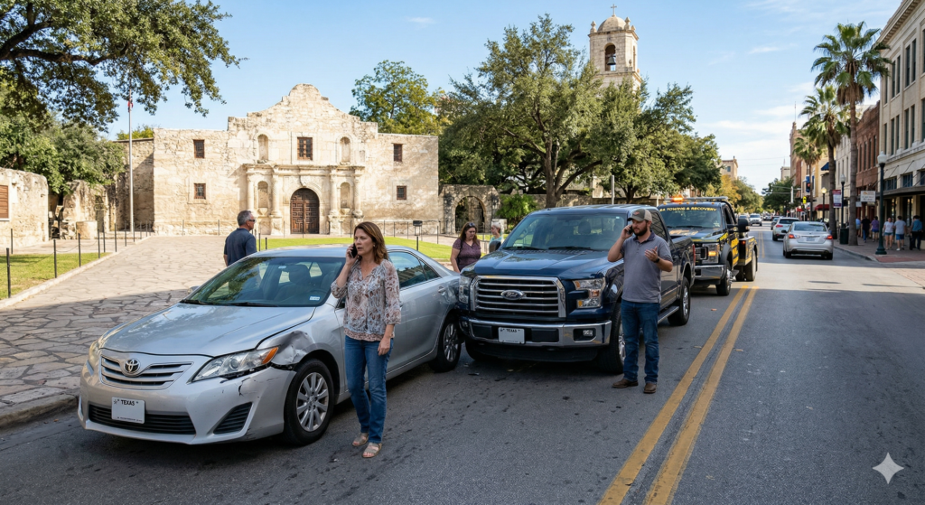 Understanding auto insurance and UM/UIM claims in San Antonio, TX and Laredo, TX. Two drivers exchange information and call car insurance agents after a small car accident with the iconic Alamo in the background