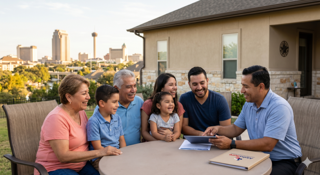 A multi-generational family—grandparents, parents, and children—smiles around a table while an agent, with an "AlphaSure Affordable Insurance Services" folder, shows them a tablet. In the background, the San Antonio, TX, skyline is visible under a warm, golden sunset. This image represents life insurance and financial protection for families in San Antonio and Laredo, TX.