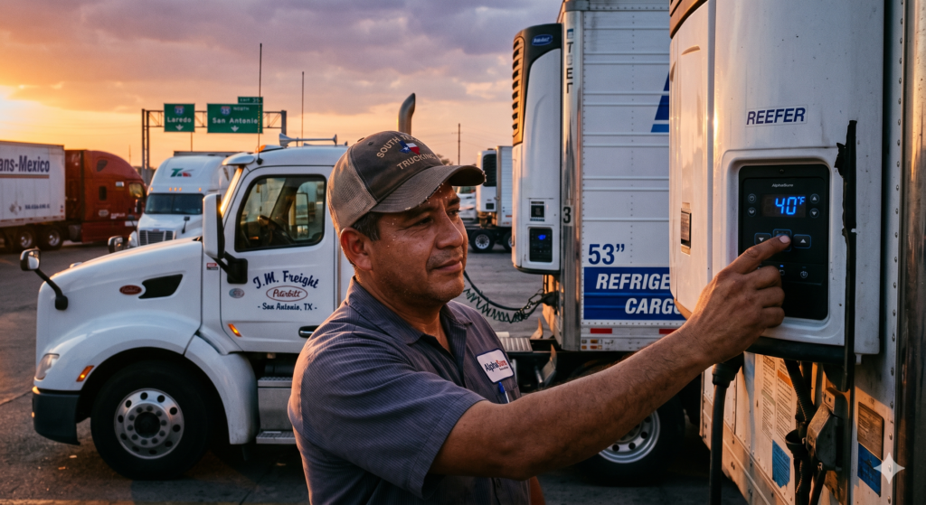 A South Texas truck driver, happy he has cargo insurance, checks the external digital control panel on his white, 53-foot refrigerated trailer during a humid sunset in Laredo, Texas. The display clearly reads '40°F' and 'REEFER,' while the side of the trailer is labeled 'REFRIGERATED CARGO.' Signs for 'Laredo' and 'San Antonio' are visible on the highway in the background, surrounded by other parked semi-trucks. The driver's sweat highlights the intense local heat.
