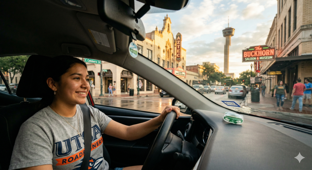 A young woman wearing a UTSA shirt drives a car through the streets of downtown San Antonio, Texas, near landmarks like the Aztec Theatre and Tower of the Americas. Local residents often look for affordable car insurance for a teen driver in San Antonio and Laredo, TX