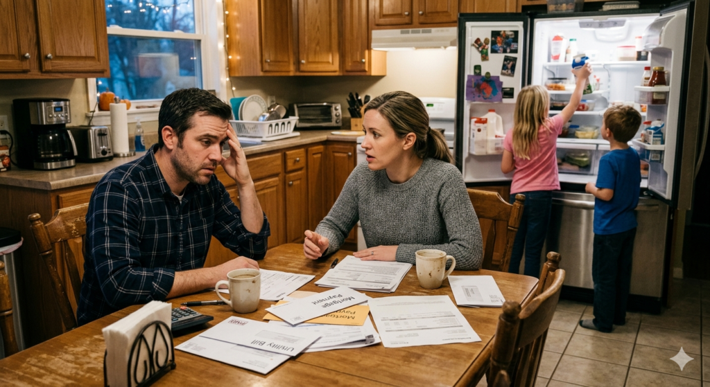 husband and wife discussing car insurance and other monthly bills at a dinner table
