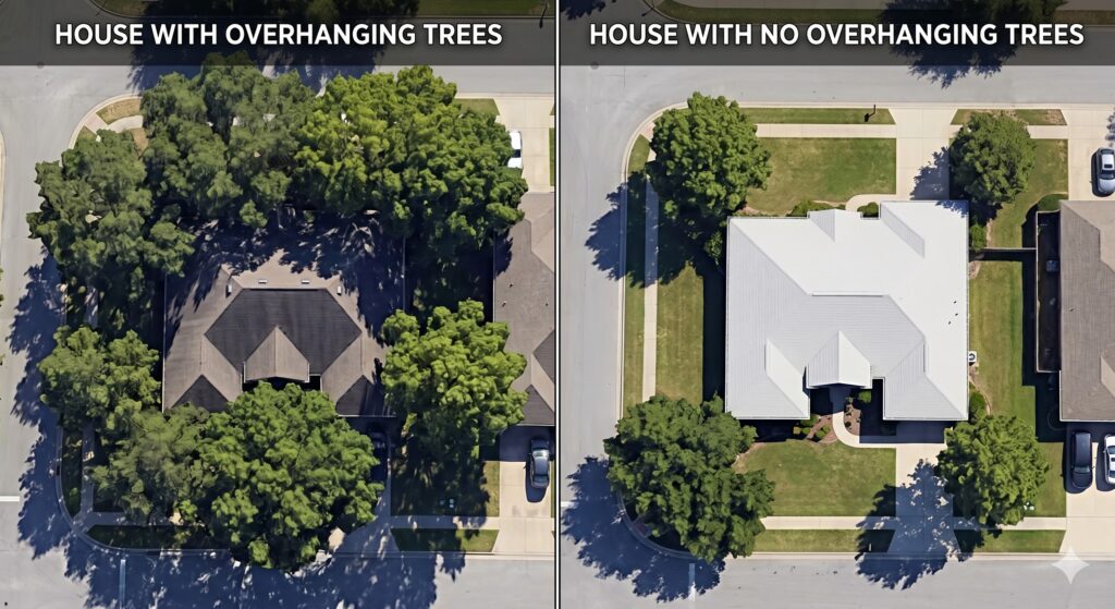 two houses in San Antonio Tx-the one on the right has overhanging trees and the one on the left has no overhanging trees- home insurance companies prefer no overhanging trees