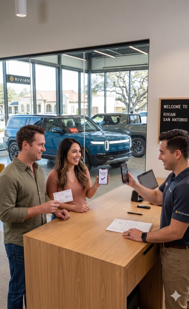 A couple buying an EV at a San Antonio dealership and presenting proof of auto insurance