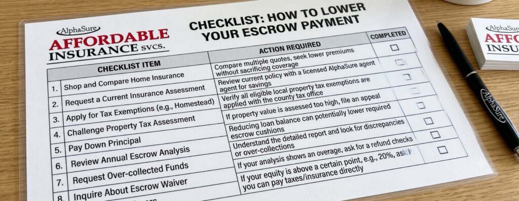 Checklist showing how to lower escrows cost including home insurance