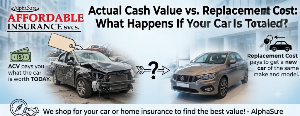Image showing the difference between actual cash value vs replacement cost in auto insurance