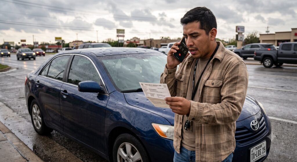 Driver parked on the side of the road calling his auto insurance company following a hailstorm in San Antonio