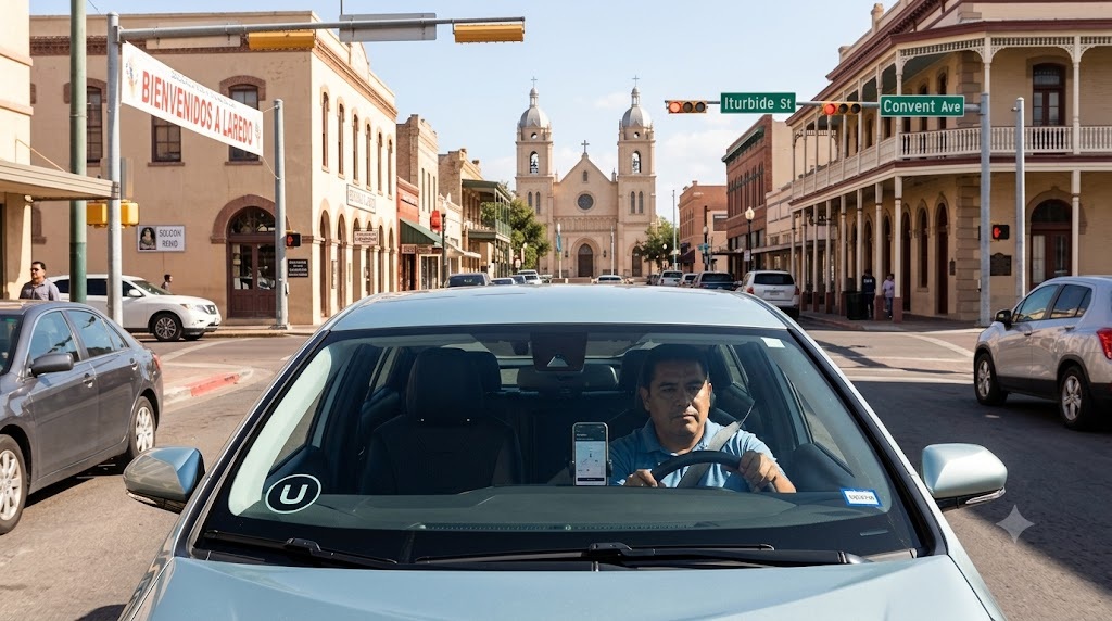 Rideshare driver with an endorsed personal auto insurance drives in downtown Laredo TX