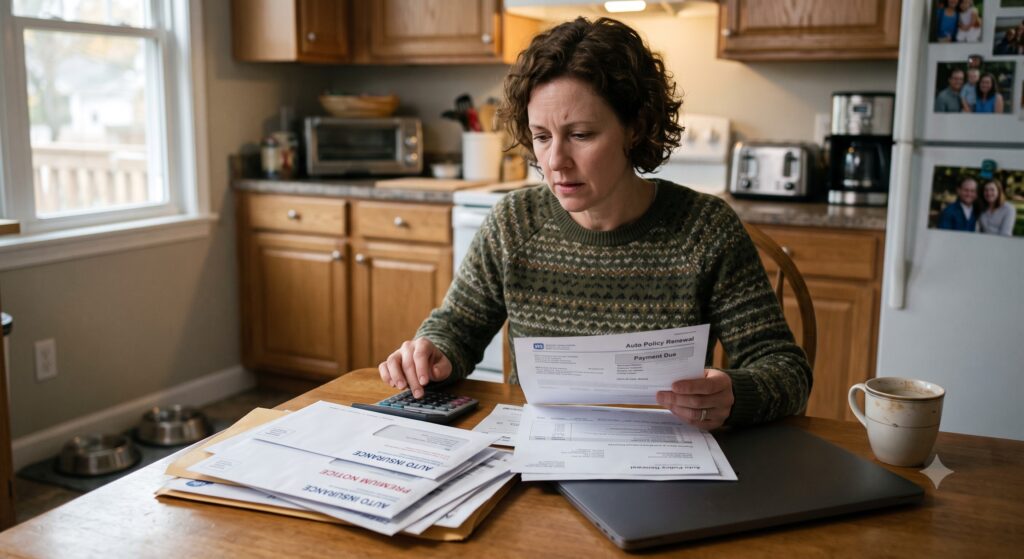 auto insurance customer looking over bills in her San Antonio home