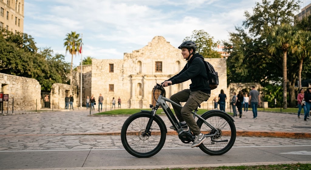 Teen riding an e-bike not covered in car insurance he is riding in front of the Alamo in San Antonio