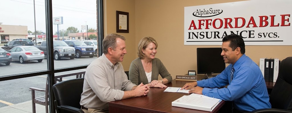 Husband and wife discussing their car insurance at AlphaSure Affordable Insurance in San Antonio