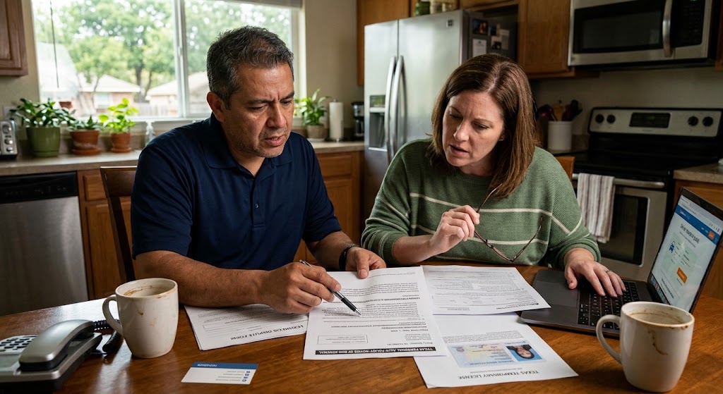 Husband and wife discussing their car insurance non-renewal at the kitchen table in San Antonio TX
