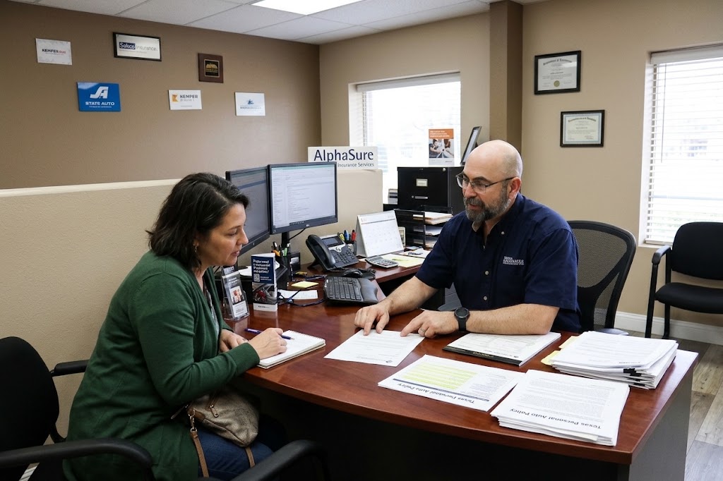 CAR INSURANCE AGENT FRED GONZALEZ SITTING WITH A CUSTOMER IN THE INSURANCE AGENCY